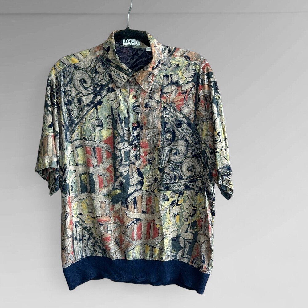 D'Avila Men's Vintage Shirt Ribbed Knit Hem Artistic Indie Sleaze Disco Large